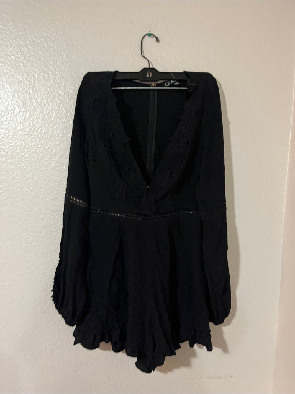 For Love & Lemons Black Long-Sleeve Lace Trim Romper S